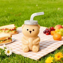 Gobelet ours 2025 avec paille, tasse transparente de 560 ml avec couvercle, gourde portable pour jus, lait ou café, résistante aux chocs (couvercle