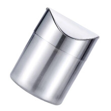 Petite corbeille à papier de bureau en métal avec couvercle basculant et fond antidérapant, idéale pour un bureau ou une coiffeuse.