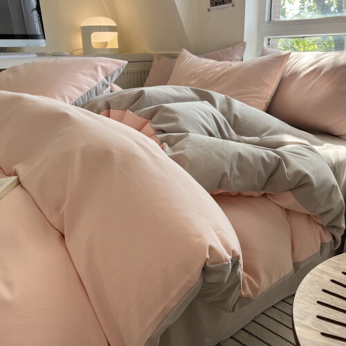 Set di lenzuola per letto singolo con copripiumino, rosa e marrone, 4 pezzi
