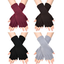 4 par fingerløse handsker til kvinder, skrivehandsker med halv finger og lang håndledsmanchet, vinterstrikkede fingerløse vanter til kvinder