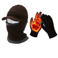 Men's Pullover Hat Winter Neck Gaiter Integrated Hat Fleece Lined Women's Warm Wool Knitted Hat Touchscreen Gloves 3-in-1 Set Fleece Lining