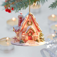 Christmas House Acrylic Hanging Ornament, 3" Clear Village Scene, Tree/Wreath/Fireplace/Car Décor, Gift-Boxed Keepsake, 1 pc,A