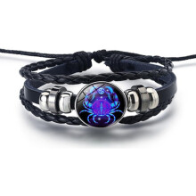 Schwarzes Lederarmband mit Sternzeichen, verstellbar, 12 Sternzeichen
