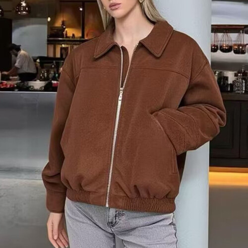 Γυναικείο Casual Μπουφάν με Φερμουάρ και Ριχτό Γιακά, Μακρυμάνικο, Χωρίς Κουκούλα – 2