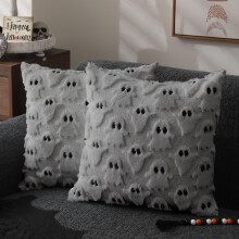 Lot de 2 housses de coussin Halloween 40x40 cm, motif fantôme gris argenté, en fausse fourrure pelucheuse, pour canapé, fauteuil, chambre –