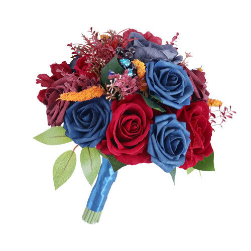 Artificial Wedding Bouquet – Wine Red & Royal Blue,