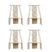 4X Boho Macrame Vägghängande Hylla Handgjorda Vävda Tofs Gobelängställ Trä Flytande Förvaringshängare för Hemväggdekoration
