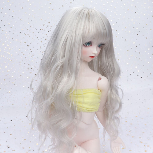 Long Curly Doll Wig Silver Gray 7.3-8.3in Head Replacement