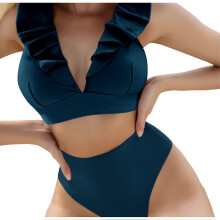 Maillots de bain femme 2025, ensemble bikini deux pièces taille haute à col V et ourlet gainant, tankini, XL, bleu marine
