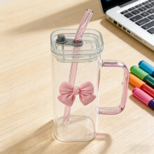 Gobelet élégant en verre de 400 ml avec anse, couvercle et paille – Nœud amovible, rose – Convient aux boissons glacées et à l'eau fraîche