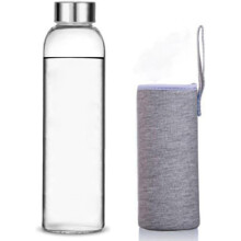 Bouteille d'eau en verre, 360 ml/420 ml/550 ml, bouteille de sport avec couvercle en acier inoxydable et sac de protection pour les voyages, la salle
