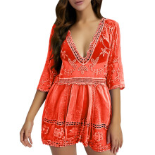 Rochie de plajă lejeră pentru femei, portocalie, cu decolteu în V, din dantelă contrastantă, cu imprimeu floral – mărime universală,