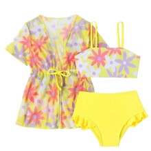 Girls Swimwear 3 Piece Set with Floral Cover Up and Cute Cartoon Print Bikini for Beach Pool Summer Vacation Outfit Casual Swimsuit