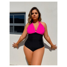 Costume da bagno intero taglie forti da donna con scollo all'americana - Rosa neon e nero, arricciato, a taglio alto, contenitivo per la pancia, per