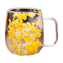 200ml Dried Flowers Glass Mug, Double Wall Tea Cup with Pink Bloom, Heat-Resistant for Hot/Cold Drinks, Home & Gift Use