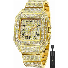 Moderiktig hiphop-klocka för män, kristall, bling-bling, rektangulär boett, rostfritt stål, kvarts, analogt armband, armbandsur