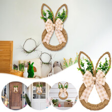 Couronne de Pâques en tissu à carreaux kaki avec lapin – Décoration de porte rustique artisanale, ornement mural festif printanier