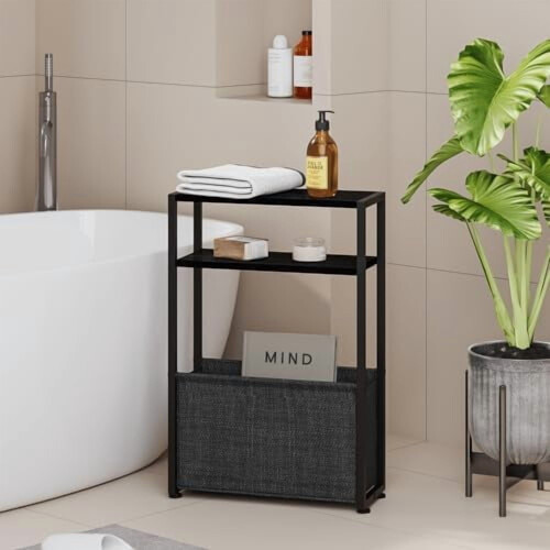 Slim Narrow Side Table with Fabric Basket Ebony Black