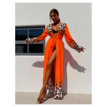 Women's Leopard Print Kimono Robe Orange Sheer Longline
