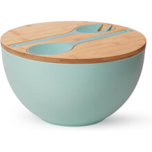11.3" Extra Large Salad Bowl with Wooden Lid & Servers, 208oz, Bamboo Fiber Serving Set – Turquoise