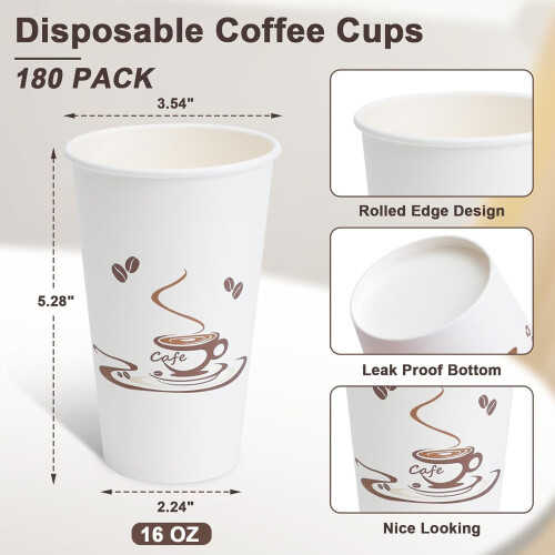 Συσκευασία 180 φλιτζανιών καφέ 16oz, χάρτινα ποτήρια μιας χρήσης για ζεστό/κρύο 1