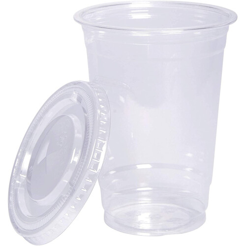 Διαφανή πλαστικά ποτήρια PET 10oz με επίπεδα καπάκια (100 τεμάχια) – Κρύα ποτήρια μιας 1