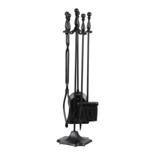 5PCS Fireplace Tools Wrought Iron Large Fire Tool Set and Holder w/Black Handles