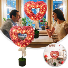 Valentine's Day LED Heart Topiary Tree – 27.6" Pre-Lit Artificial Greenery Planter with Bow, Outdoor Covered Porch & Wedding Entrance Decor