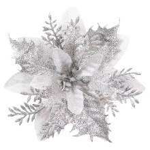 5.7" Silver Glitter Poinsettia Flower Ornament with Clip – Xmas Tree, Wreath, Garland Decor – Compatible with Christmas Decor