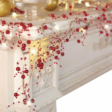 Guirlande lumineuse de Noël rouge 3M30 LED, à piles, ornée de perles, pour cheminée, table – Idéale pour les fêtes