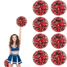 Lot de 8 pompons métallisés de 25 cm avec poignée et fleurs – Idéal pour le cheerleading, la danse, le sport et les fêtes