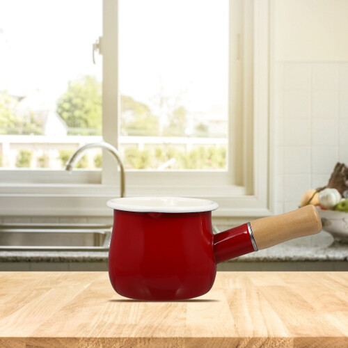Red Enamel Small Saucepan 1 Piece Thick Base