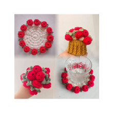 Dessous de verre en crochet avec bouquet de roses rouges fait main - Décoration florale pour la maison ou une fête de remise de diplômes