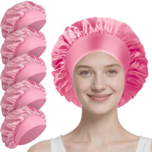 Paquete de 5 gorros de satén para mujer, gorro de dormir antideslizante ajustable de 30 cm para cabello rizado, turbante transpirable para dormir y