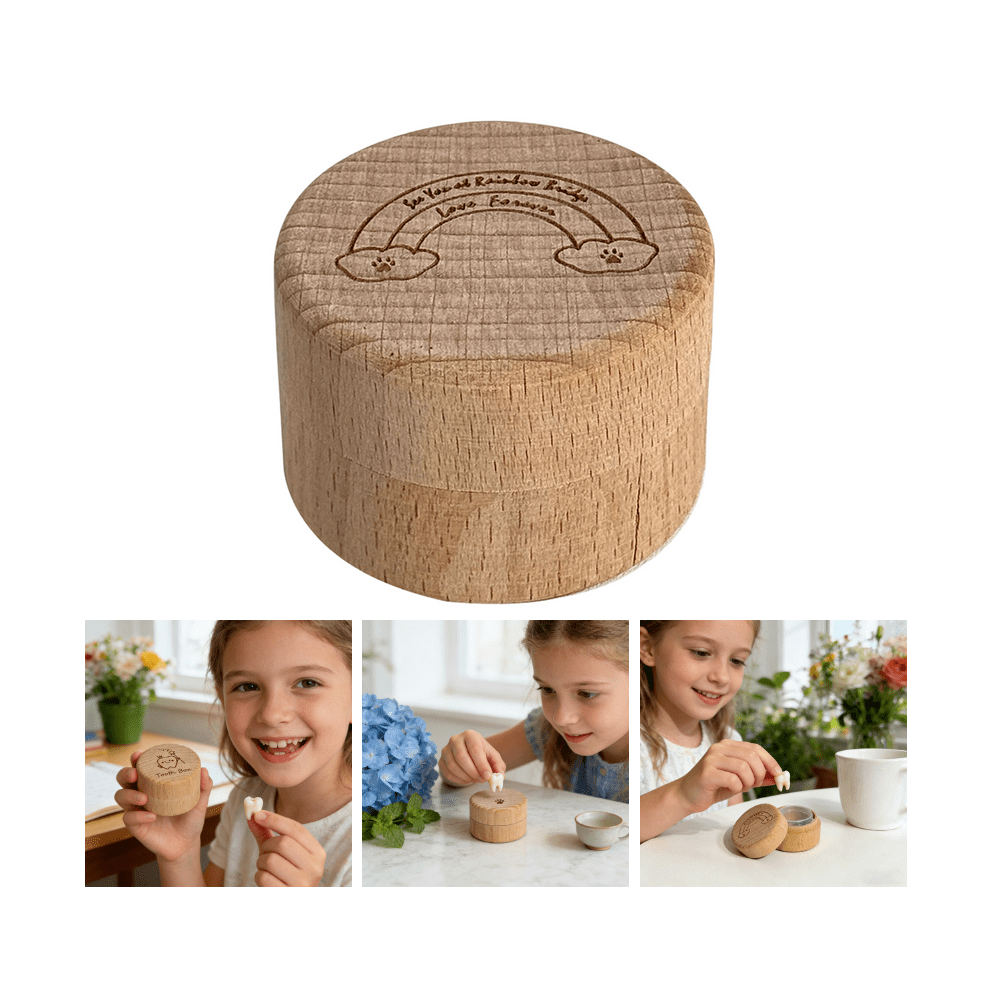 Children's Tooth Keepsake Box Natural Wood - Baby Teeth, Umbilical Cord & First Hair Memory Case, Compact Lidded Storage for Precious Mementos - (A)
