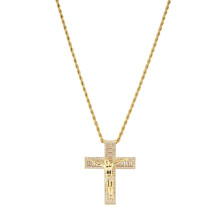 Copper Zirconia Crucifix Necklace, Iced Out Jesus Cross Pendant with Rope Chain, Hip Hop Christian Bling Jewelry for Men and Women