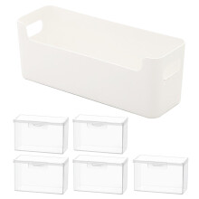 6 doorschijnende opbergdozen met uitneembare tussenschotten en stevige deksels, ideaal voor het organiseren van verzamelobjecten en schrijfwaren.