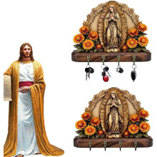 Our Lady of Guadalupe Wall Key Holder, 2D Virgin Mary Farmhouse Decor, Golden 4-Hook Keychain Holders (2PC), Compatible with Home Entryway
