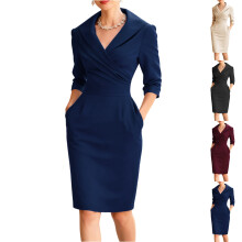 Damesjurk in marineblauw met wikkeldetails en 3/4 mouwen, maat XL