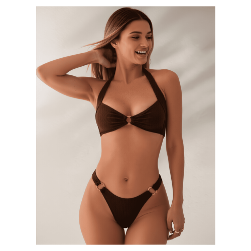 Γυναικείο σετ μπικίνι με ριμπ ύφανση, καφέ - halter μαγιό με χρυσή λεπτομέρεια, ψηλό 2