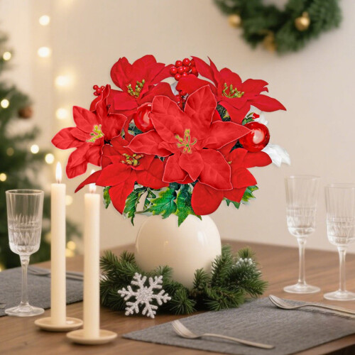 Χρυσά τεχνητά λουλούδια Poinsettia κόκκινα με κλιπς και μίσχους
