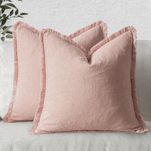 Ensemble de 2 housses de coussin décoratives en lin neutre, 45 x 45 cm, rose, style bohème champêtre avec franges et pompons, pour canapé/lit –