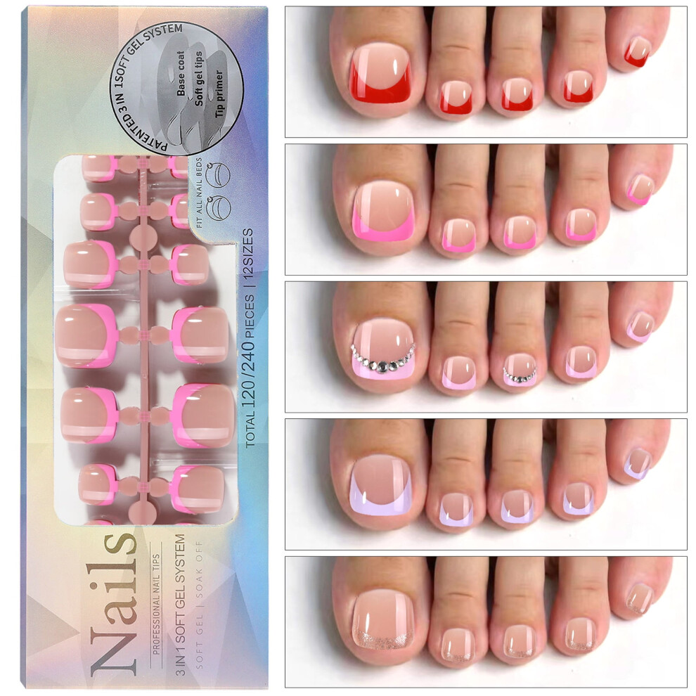 120PCS French Gel Toenail Tips French Tips Press on Nails 12 Sizes Fake Nails False Toe Nail Wearable Tips for Nail Art DIY