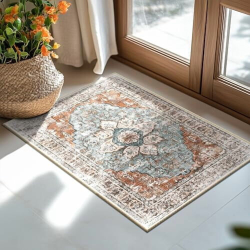 60x90 cm vaskbart boho-tæppe, skridsikkert blomsterdesign