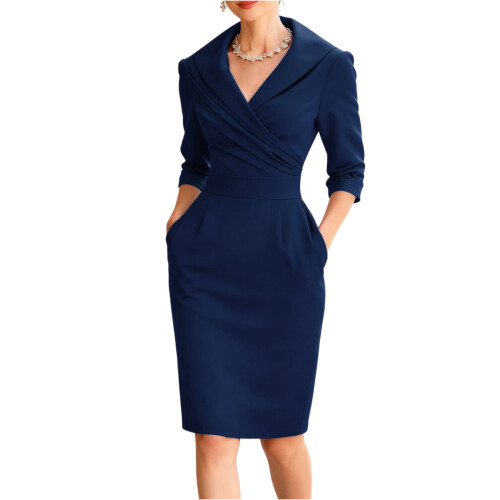 Abito da donna blu navy a portafoglio con maniche a 3/4 e scollo a V 2
