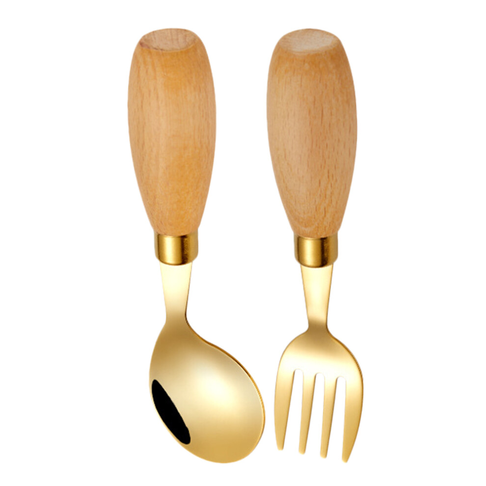 Happyyami 10Pcs Baby Silverware Set Golden Short Handle Wooden Fork And Spoon