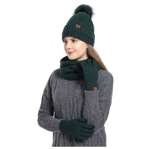 Grünes Damen-Strickset: Mütze, Schal & Handschuhe, Acryl 2