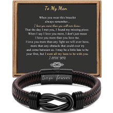 Men's Brown Braided Leather Bracelet for Dad, Husband, Boyfriend – Stainless Steel, Connected Forever – 7.5"/8.5"/49" – Compatible with All