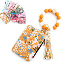 Dámska peňaženka s korálkami v boho štýle s kvetinovým vzorom, dámska kľúčenka s korálkami a strapcami v boho štýle, držiak na