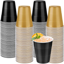 100 Pack Black & Gold 12 oz Disposable Plastic Cups – Bulk Party Cups for Weddings, Birthdays, Graduations, Christmas, Picnics (Compatible with